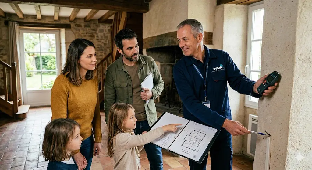 Expert bâtiment réalisant un audit technique d'une maison avant son acquisition