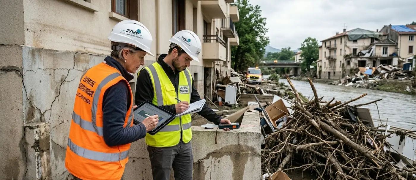 Dommages sur un bâtiment après une catastrophe naturelle, évalués par un expert d'assuré